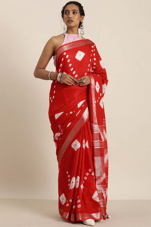 Cotton Blend Bandhani Saree In Red
