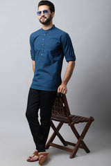 Men's Dark Blue Checks Full Sleeve Short Kurta Top