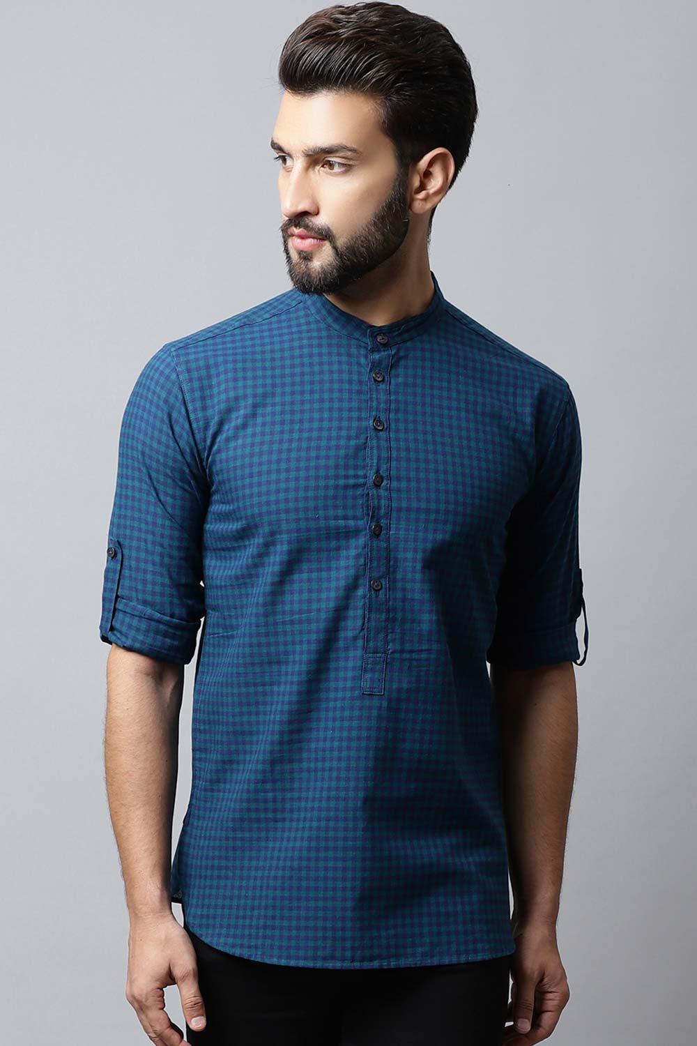 Men's Dark Blue Checks Full Sleeve Short Kurta Top