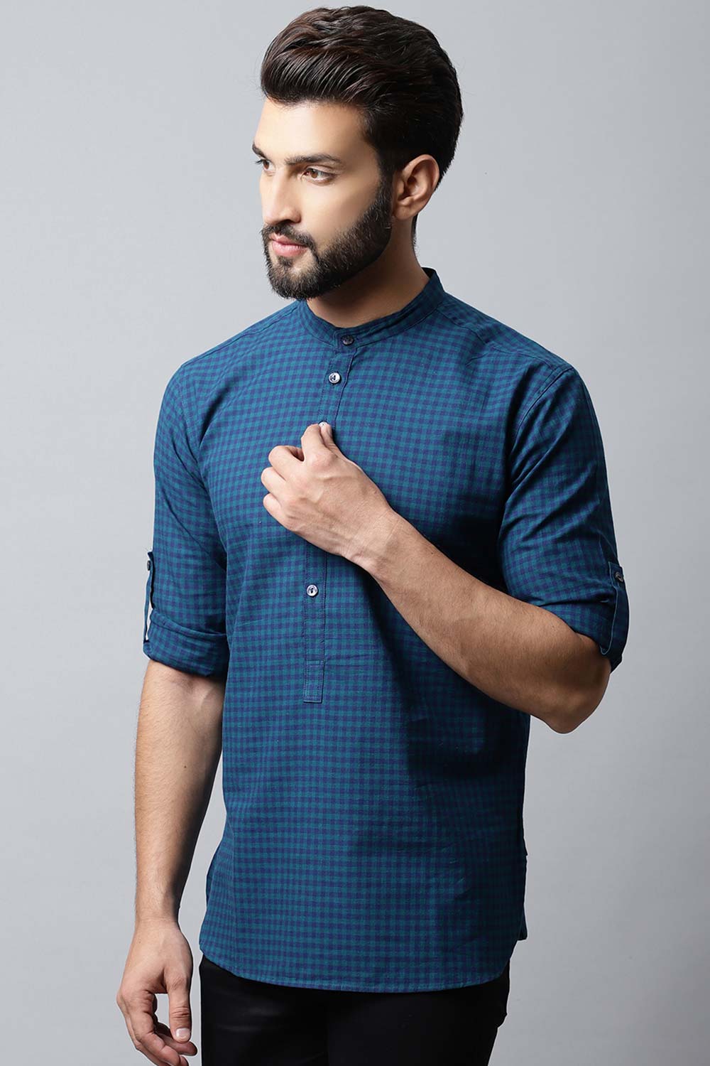 Men's Dark Blue Checks Full Sleeve Short Kurta Top