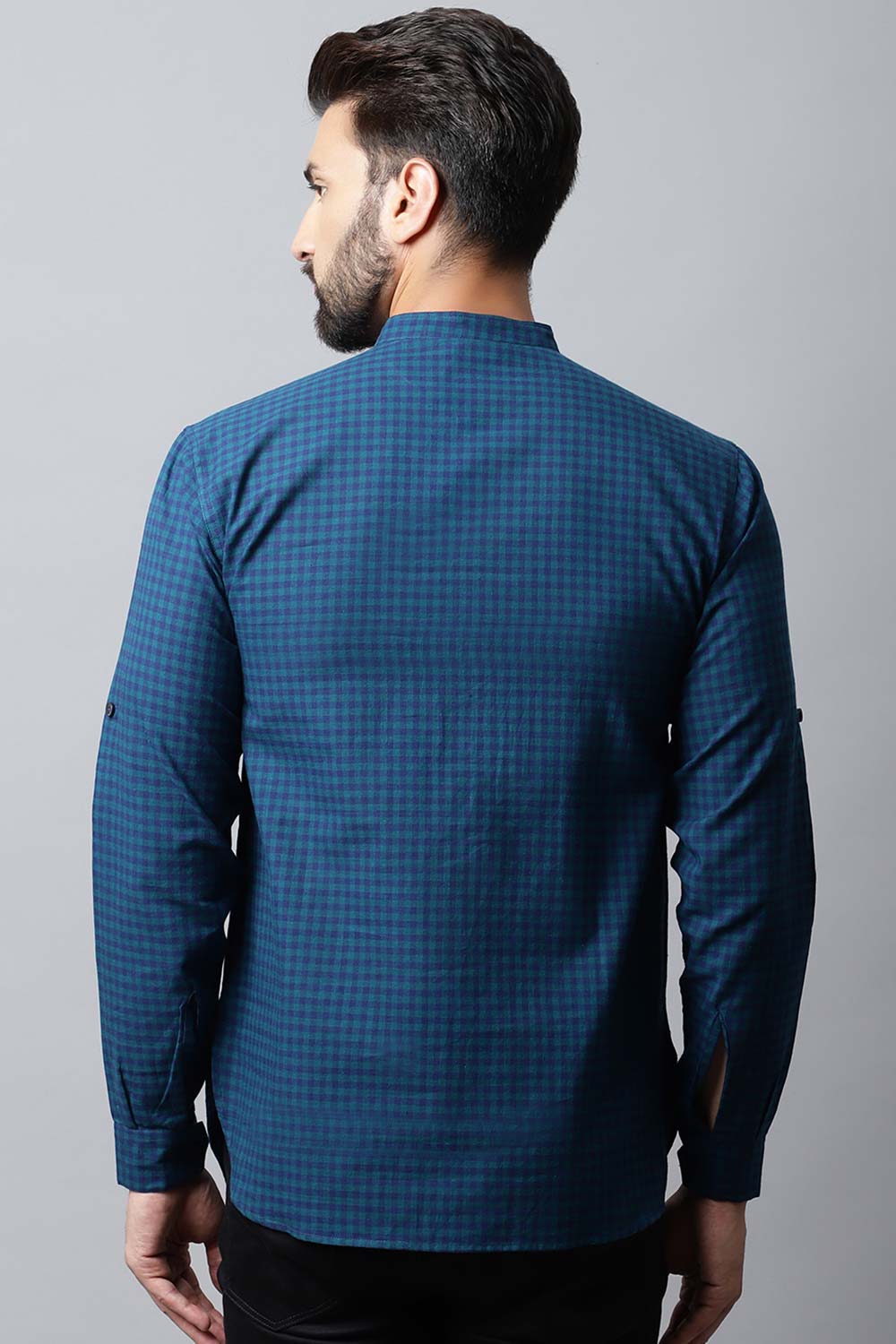Men's Dark Blue Checks Full Sleeve Short Kurta Top
