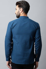 Men's Dark Blue Checks Full Sleeve Short Kurta Top