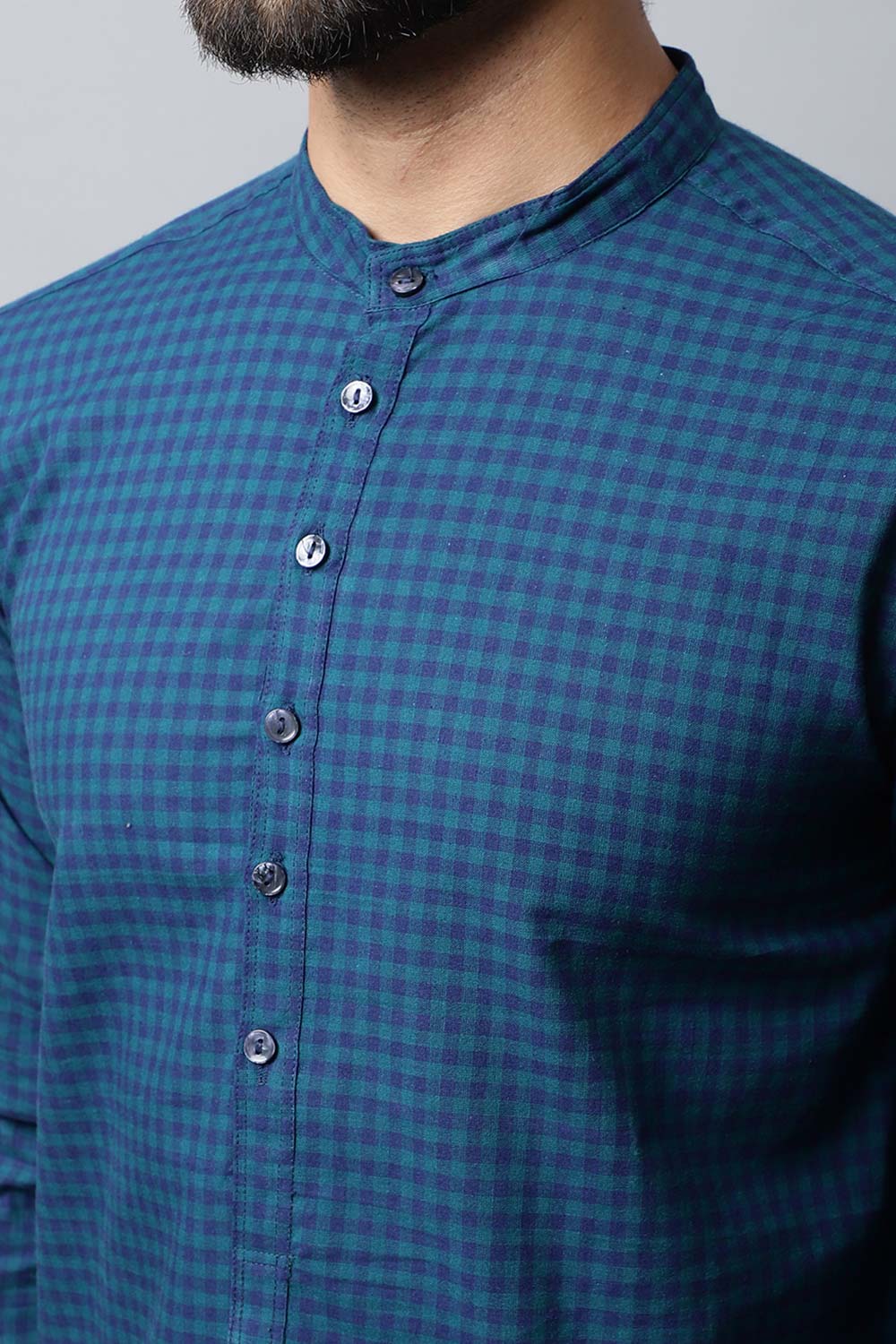 Men's Dark Blue Checks Full Sleeve Short Kurta Top