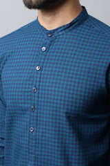 Men's Dark Blue Checks Full Sleeve Short Kurta Top