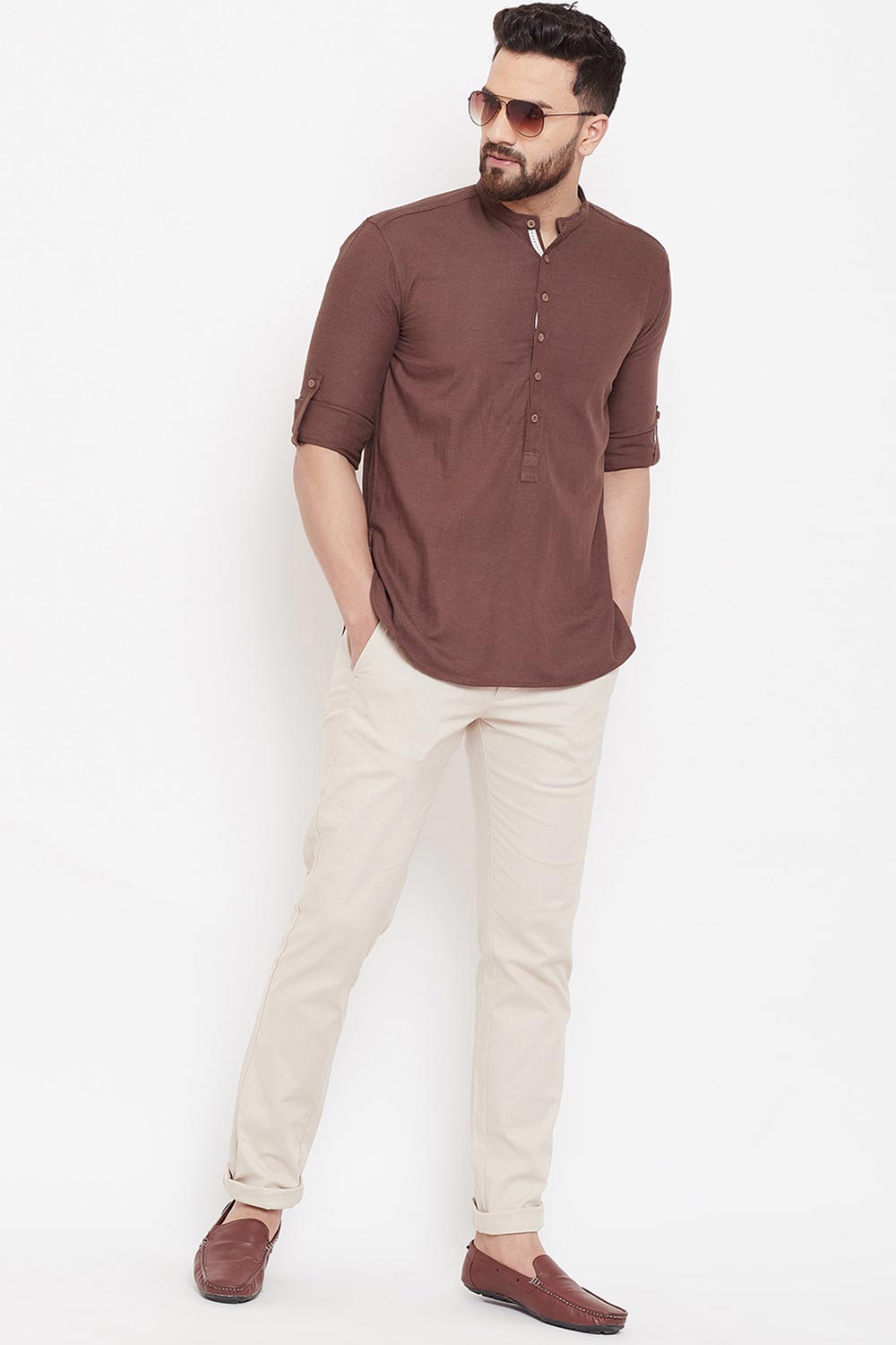 Buy Blended Cotton Solid Kurta in Dark Brown Online - Back