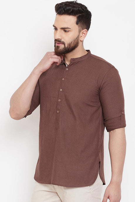 Buy Blended Cotton Solid Kurta in Dark Brown Online - Front