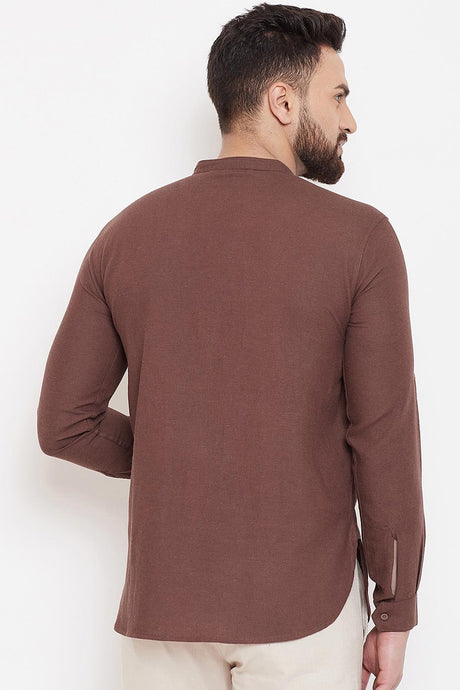 Buy Blended Cotton Solid Kurta in Dark Brown Online - Zoom In
