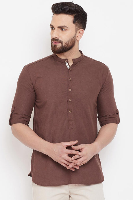 Buy Blended Cotton Solid Kurta in Dark Brown Online
