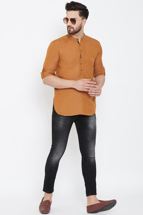 Buy Blended Cotton Solid Kurta in Brown Online - Back