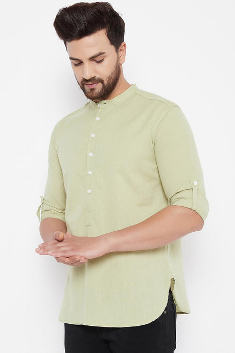 Buy Linen Solid Kurta in Green Online - Front