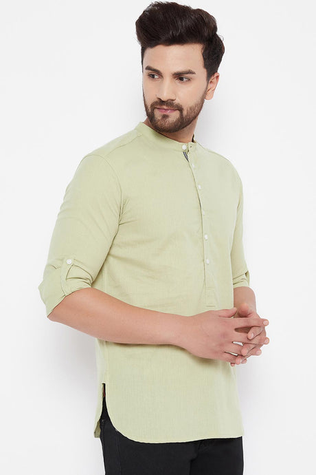 Buy Linen Solid Kurta in Green Online - Side