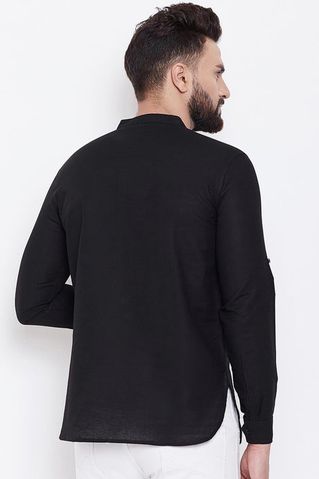 Buy Men's Linen Solid Short Kurta in Black