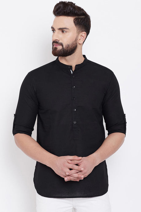 Buy Men's Linen Solid Short Kurta in Black