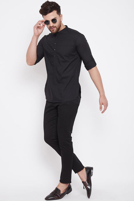 Shop Men's Solid Short Kurta in Black