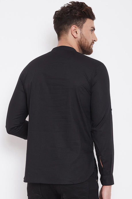 Buy Men's Blended Cotton Solid Short Kurta in Black
