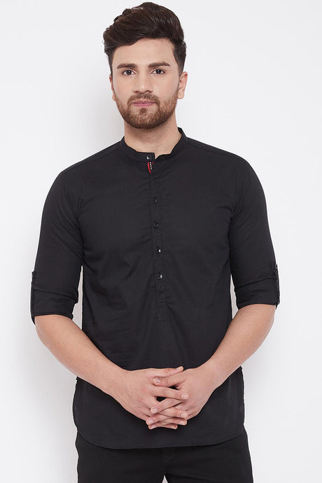 Buy Men's Blended Cotton Solid Short Kurta in Black