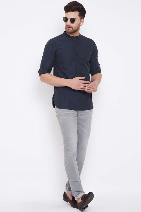 Shop Men's Solid Short Kurta in Navy Blue