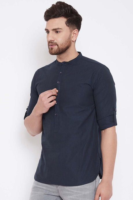 Buy Men's Blended Cotton Short Kurta in Navy Blue