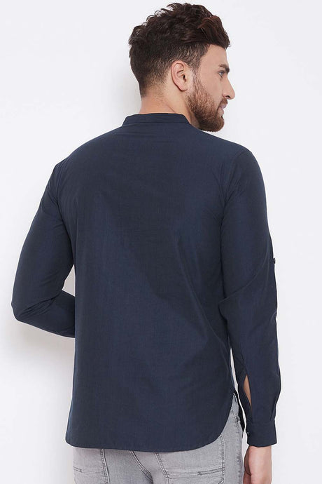 Buy Men's Blended Cotton Solid Short Kurta in Navy Blue
