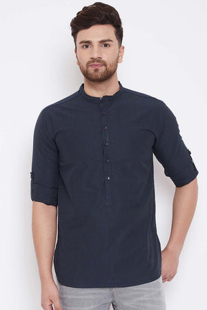 Buy Men's Blended Cotton Solid Short Kurta in Navy Blue