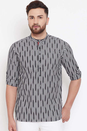 Buy Men's Blended Cotton Checks Print Short Kurta in Black