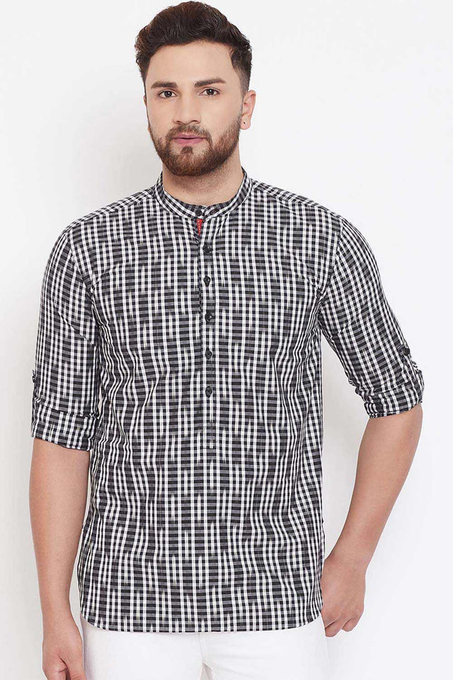 Buy Men's Blended Cotton Checks Print Short Kurta in Black