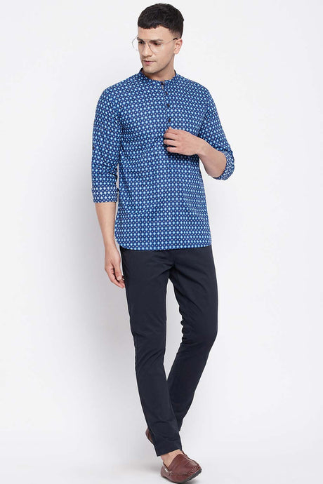 Buy Men's Pure Cotton Abstract Printed Short Kurta in Navy Blue - Back