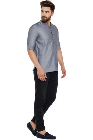Buy Blended Cotton Solid Kurta in Grey Online - Back
