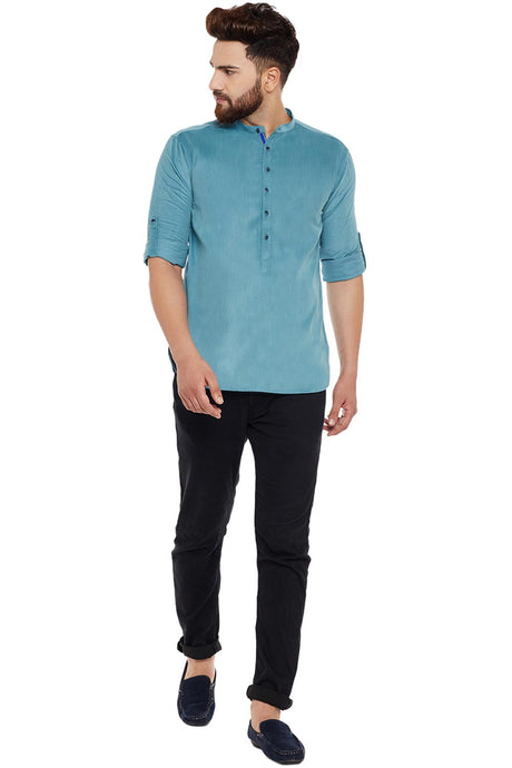 Buy Blended Cotton Solid Kurta in Green Online - Back