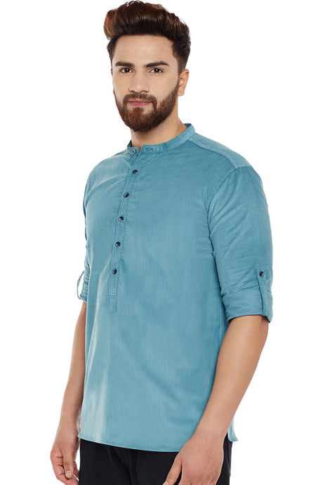 Buy Blended Cotton Solid Kurta in Green Online - Front