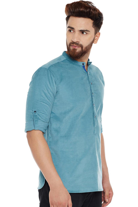 Buy Blended Cotton Solid Kurta in Green Online - Side