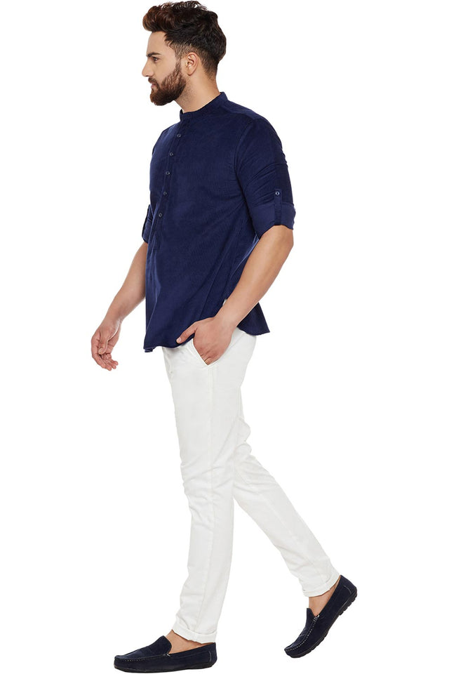 Buy Blended Cotton Solid Kurta in Navy Blue Online - Back