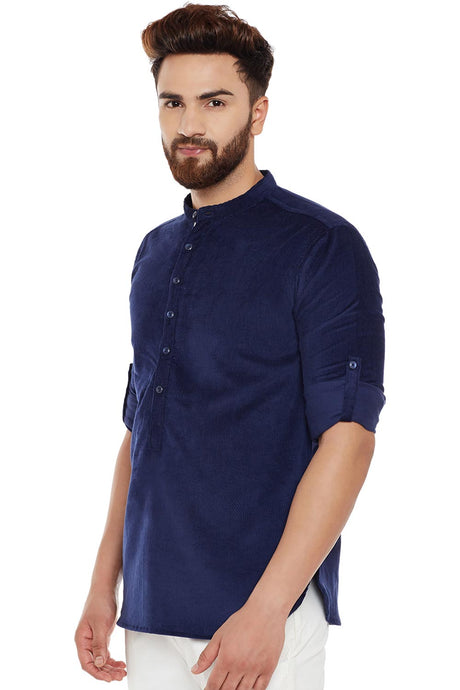 Buy Blended Cotton Solid Kurta in Navy Blue Online - Front