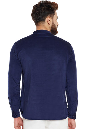 Buy Blended Cotton Solid Kurta in Navy Blue Online - Zoom In