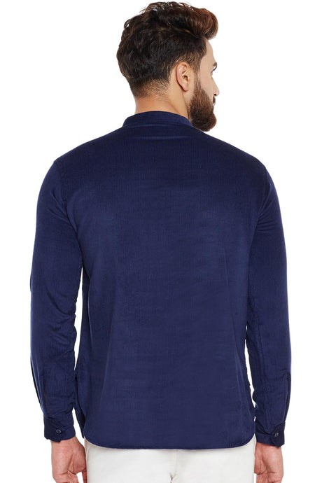 Buy Blended Cotton Solid Kurta in Navy Blue Online - Zoom In