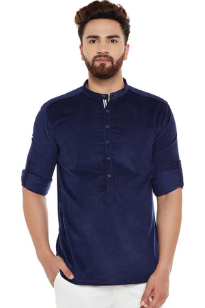 Buy Blended Cotton Solid Kurta in Navy Blue Online