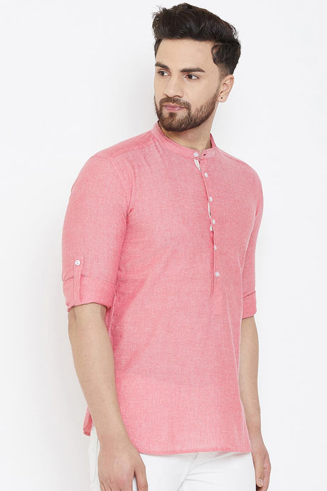 Buy Blended Cotton Solid Kurta in Red Online - Side