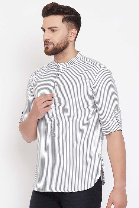 Buy Blended Cotton Striped Kurta in White Online - Front
