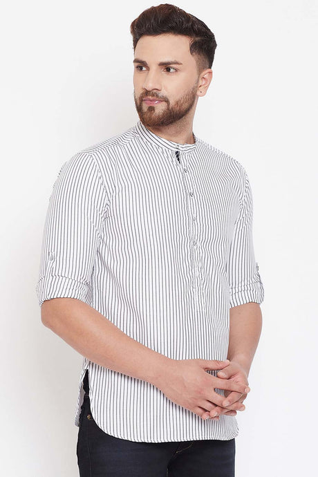 Buy Blended Cotton Striped Kurta in White Online - Side