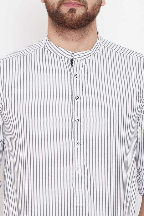 Buy Blended Cotton Striped Kurta in White Online - Zoom Out