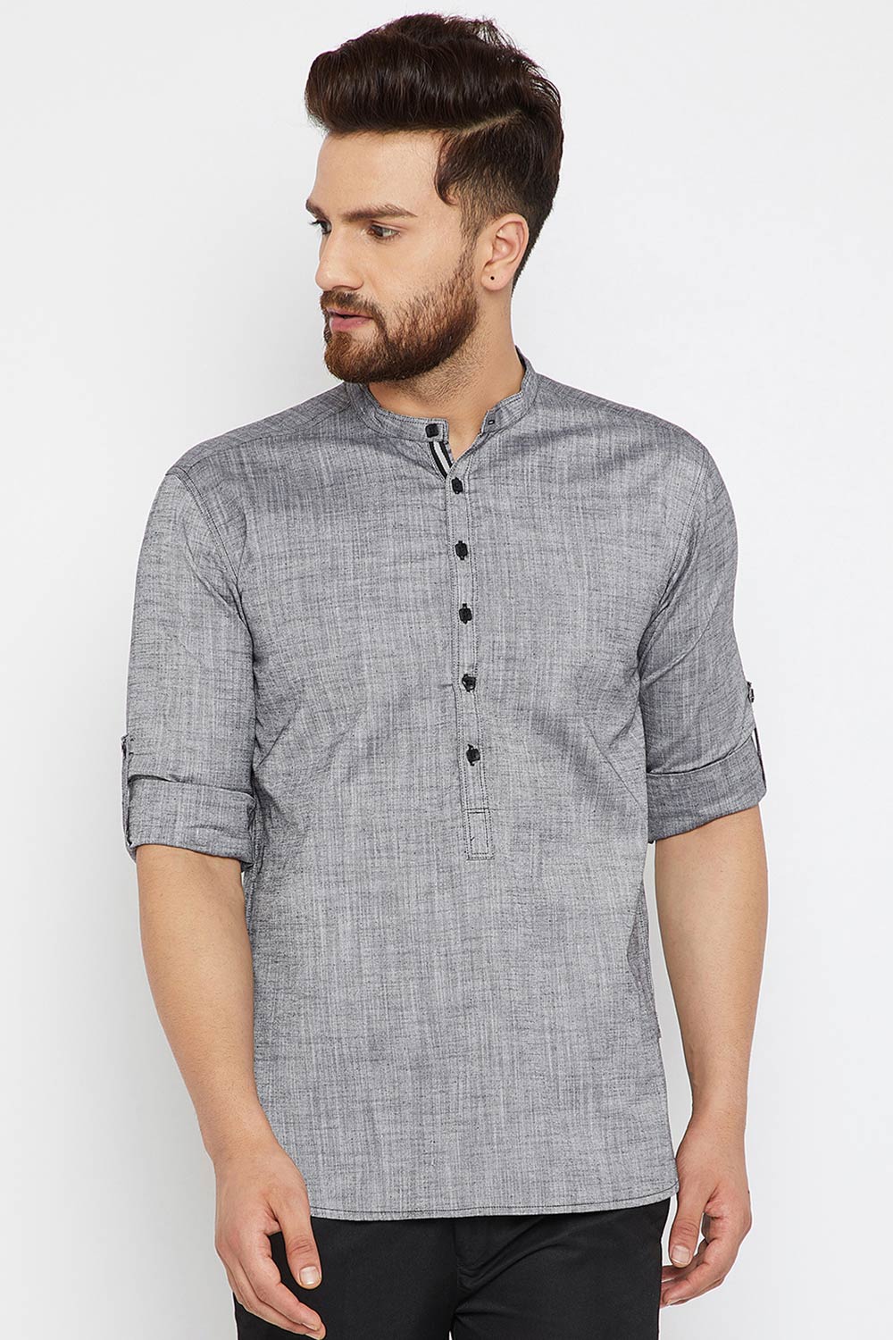 Men's Cotton Solid Short Kurta Top In Grey