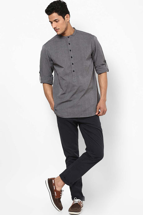Buy Blended Cotton Striped Kurta in Grey Online - Back