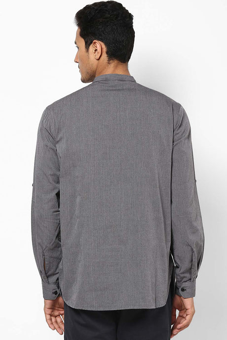 Buy Blended Cotton Striped Kurta in Grey Online - Front