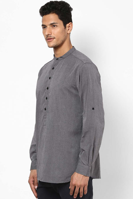 Buy Blended Cotton Striped Kurta in Grey Online - Side