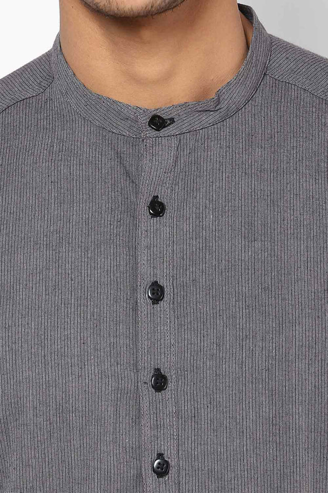 Buy Blended Cotton Striped Kurta in Grey Online - Zoom In
