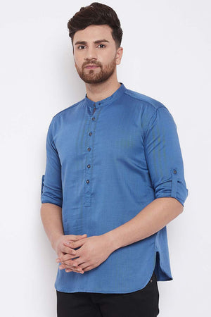 Buy Men's Blended Cotton Short Kurta in Blue