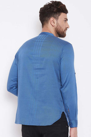 Buy Men's Blended Cotton Solid Short Kurta in Blue