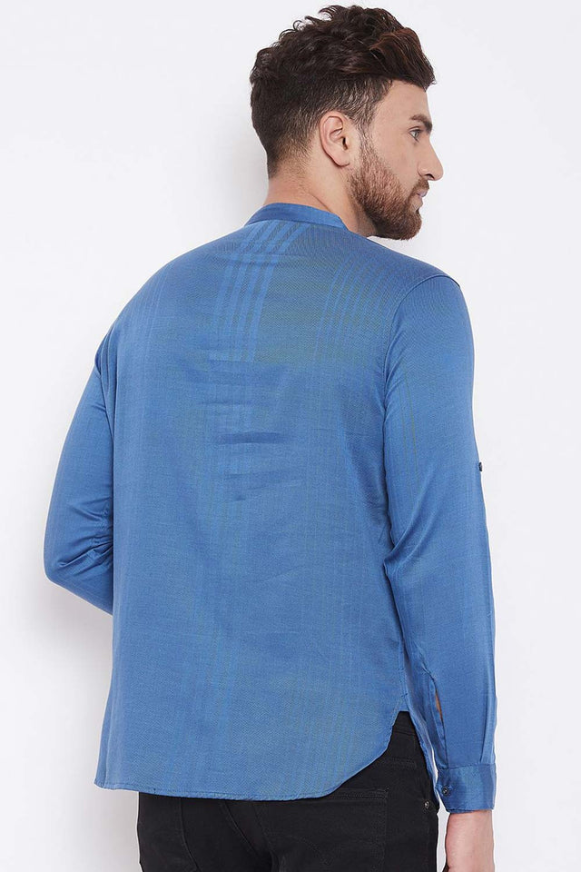 Buy Men's Blended Cotton Solid Short Kurta in Blue