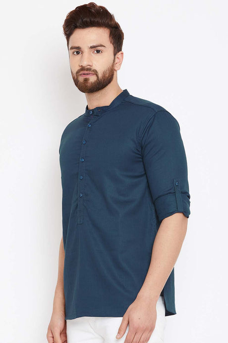 Buy Blended Cotton Solid Kurta in Navy Blue Online - Front