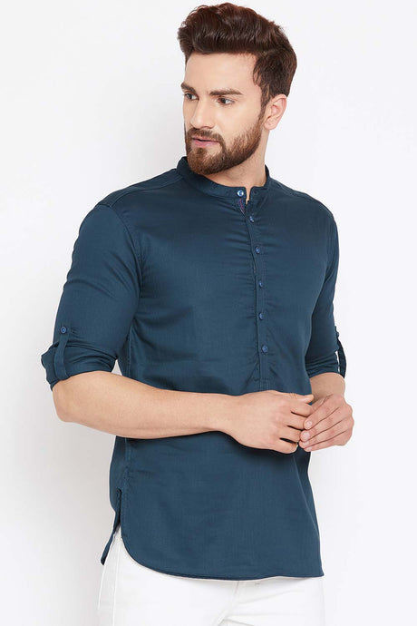 Buy Blended Cotton Solid Kurta in Navy Blue Online - Side